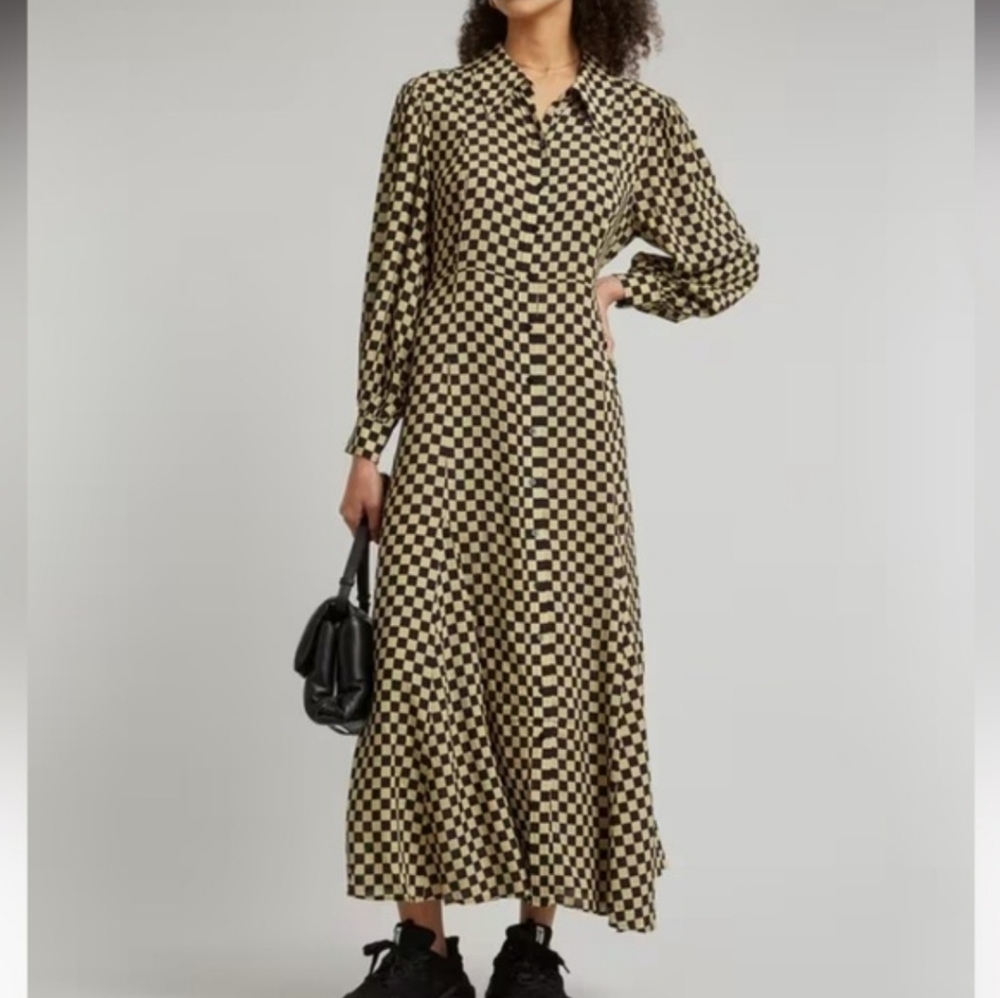 RIXO Black and Cream Checkered Maxi Dress